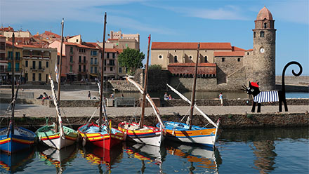 photos of collioure harbor plus cat illustration wearing a beret